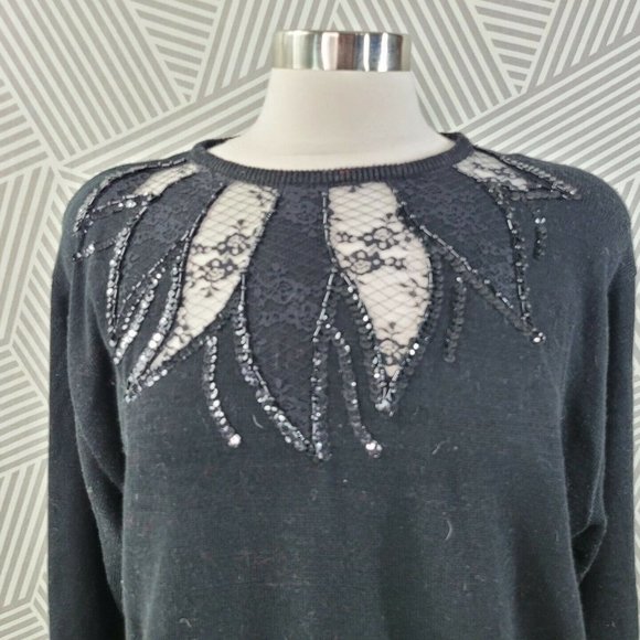 Vintage size Large Sweater Lace Cut out Sequin Dark Academia Black Goth alt - Picture 2 of 7